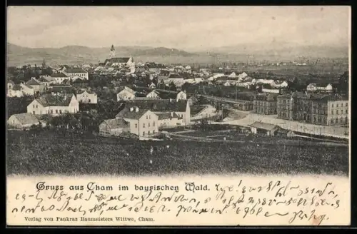 AK Cham /Bayerischer Wald, Totalansicht des Ortes mit Kirche und Umgebung