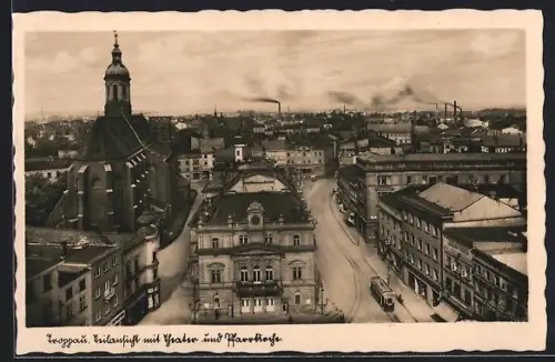 AK Troppau, Teilansicht mit Theater, Pfarrkirche und Strassenbahn