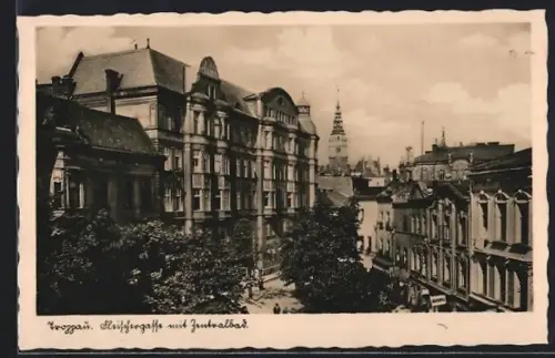 AK Troppau, Fleischergasse mit Zentralbad