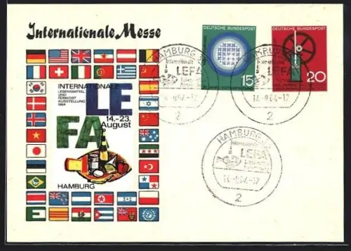 AK Hamburg, Internationale Messe mit Logo und bundesdeutscher, US-amerikanischer, britischer und koreanischer Flagge