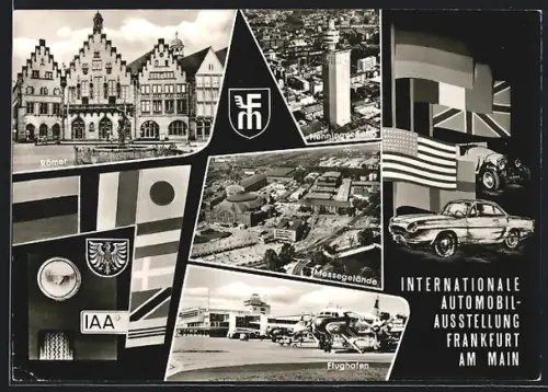 AK Frankfurt a. M., IAA Internationale Automobil Ausstellung, Römer, Messegelände, Henninger Turm, Wappen