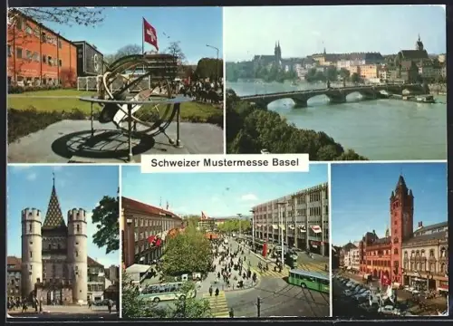 AK Basel, Schweizer Mustermesse 1969, Eingang Hallen 10-21 mit Sonnenuhr, mittlere Rheinbrücke, Rathaus & Markt