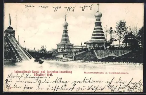 AK Düsseldorf, Internationale Kunst- und Gartenbau-Ausstellung 1904, Partie im Vergnügungspark mit Wasserrutschbahn