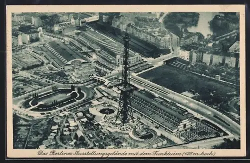 AK Berlin-Charlottenburg, Ausstellungsgelände mit dem Funkturm vom Flugzeug aus