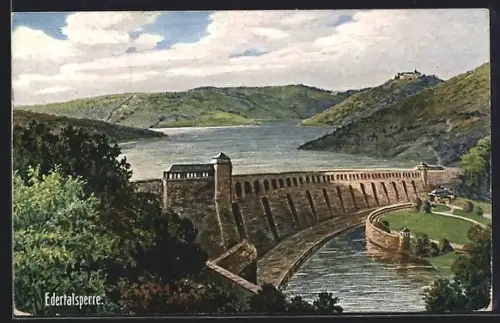 Künstler-AK Edertalsperre, Ortsansicht aus der Vogelschau