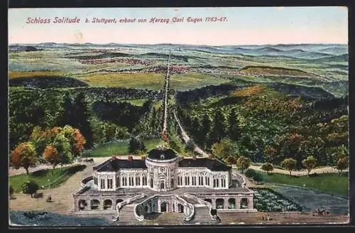 Künstler-AK Stuttgart, Schloss Solitude mit Stadtblick aus der Vogelschau