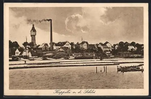 AK Kappeln a. d. Schlei, Ortsansicht mit Hafen, Turm und Fabrikschornstein