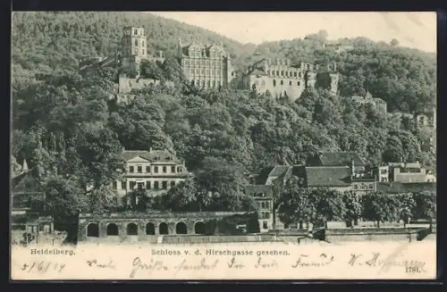 AK Heidelberg, Schloss von der Hirschgasse gesehen