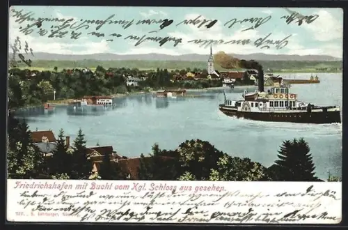 AK Friedrichshafen, Bucht mit Dampfschiff vom Kgl. Schloss aus gesehen