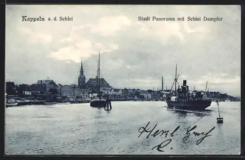 AK Kappeln a. d. Schlei, Stadtpanorama mit Schlei Dampfer