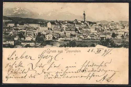 AK Traunstein, Ortsansicht mit Kirche