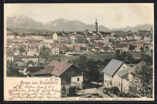 AK Traunstein, Ortsansicht mit Kirche und Bergpanorama