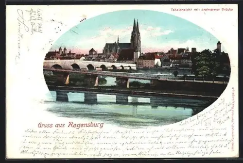 AK Regensburg, Totalansicht mit Steinerner Brücke