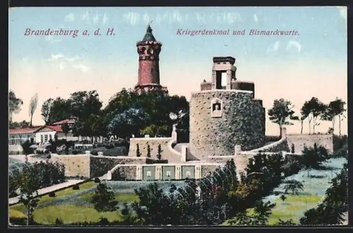 AK Brandenburg a. d. H., Kriegerdenkmal und Bismarckwarte
