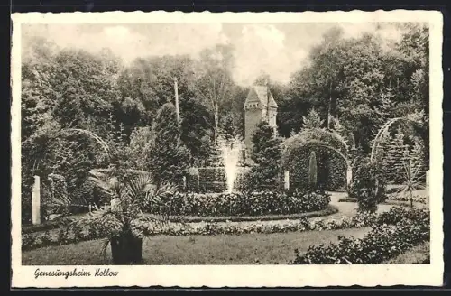 AK Kollow, Genesungsheim, Springbrunnen im Park