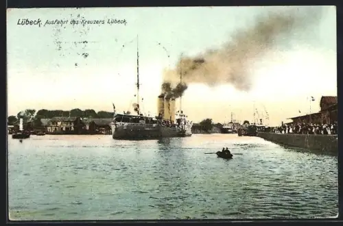 AK Lübeck, Ausfahrt des Kreuzers Lübeck