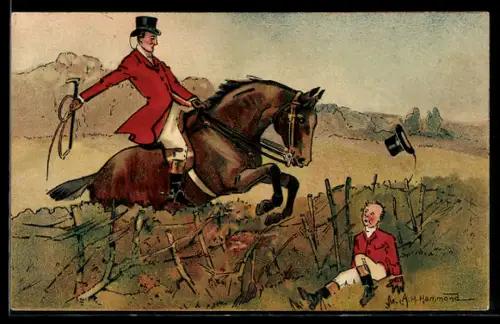 Künstler-AK sign. A. H. Hammond: Springreiter setzt über ein Hindernis