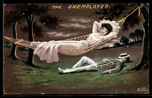 Künstler-AK sign. Ellam: Frau liegt in Hängematte, Herr schläft auf der Wiese