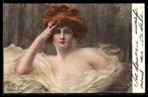 Künstler-AK sign. F. Bisson: Frau im Kleid nach dem Ball