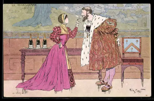 Künstler-AK sign. Morn: Herr und Dame bei der Weinprobe