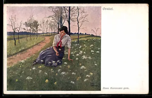 Künstler-AK sign. Hans Massmann: Orakel, Frau auf einer Blumenwiese