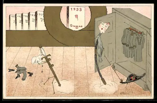 Künstler-AK sign. Vittorio: Spind mit Uniformen, Säbel und Zweispitz