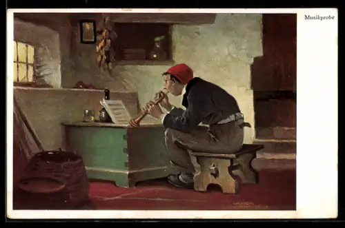Künstler-AK sign. Andreas Untersberger: Musikprobe, Mann beim Flötenspiel