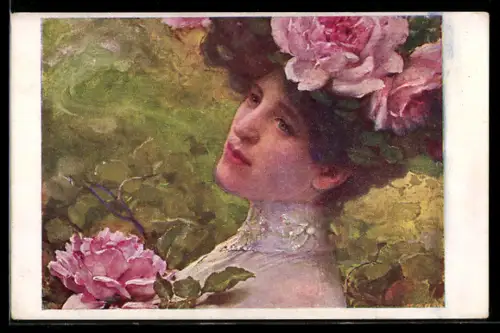 Künstler-AK sign. F. Dvorak: Frau mit Rosen im Haar