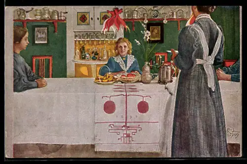 Künstler-AK sign. L. Larsson: Familie im Esszimmer
