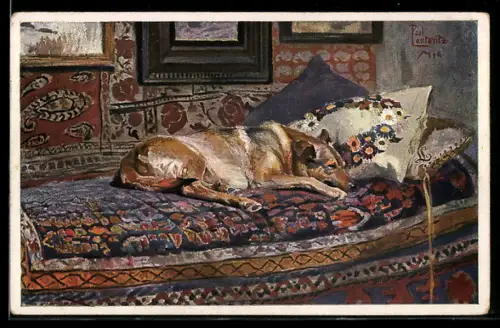 Künstler-AK sign. Paul Leuteritz: In behaglicher Ruhe, Hund auf einem Sofa