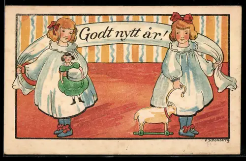 Künstler-AK sign. V. Schonberg: Mädchen in weissen Kleidern und Neujahrsgruss