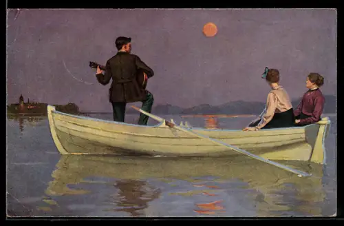 Künstler-AK sign. Fritz Raupp: Gesellschaft im Ruderboot bei Betrachtung des Mondes