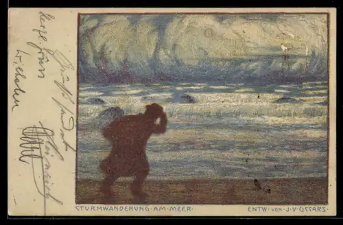Künstler-AK sign. J. V. Cissars: Sturmwanderung am Meer
