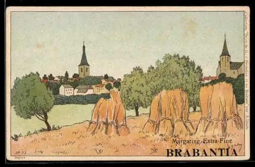 Künstler-AK sign. Lynen: Heugarben auf Feld, im Hinterdrund Stadtansicht, Werbung für Brabantia-Margarine