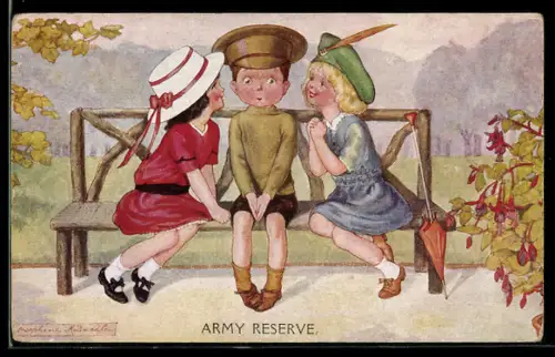 Künstler-AK sign. Josephine Duddle: Junge im Armeeuniform zwischen zwei Mädchen