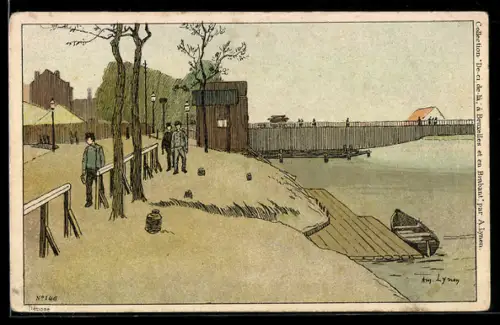 Künstler-AK sign. Lynen: Ufer mit Bootsanleger, im Hintergrund Gebäude