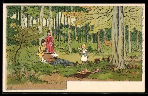 Künstler-AK sign. Lynen: Familie beim Rasten im Wald