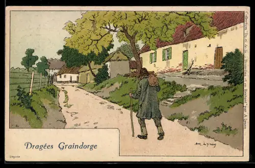 Künstler-AK sign. Lyney: Dorfstrasse mit heimkehrenden Mann