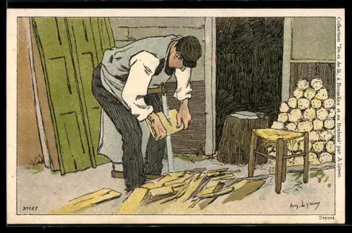 Künstler-AK sign. Lyney: Mann beim Zersägen von Holzscheiten