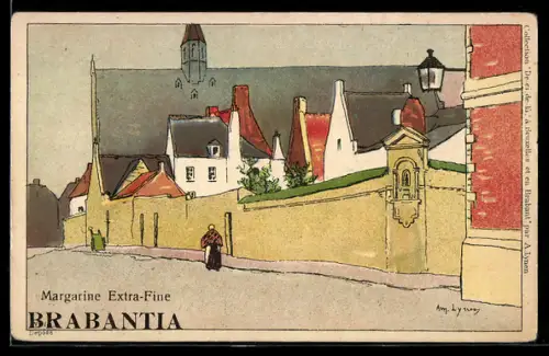 AK sign. Lyney: Frau an der Stadtmauer, Werbung für Brabantia-Margarine