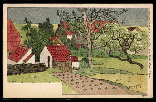 Künstler-AK sign. Lyney: Ansicht eines Dorfes mit angrenzenden Beeten