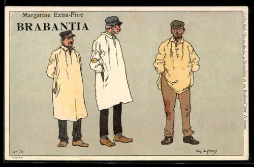 Künstler-AK sign. Lyney: Drei Männer in teils verwahrloster Kleidung, Werbung für Brabantia-Margarine