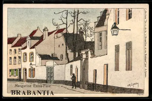 Künstler-AK sign. Lyney: Strassenzug in Löwen, Werbung für Brabantia-Margarine