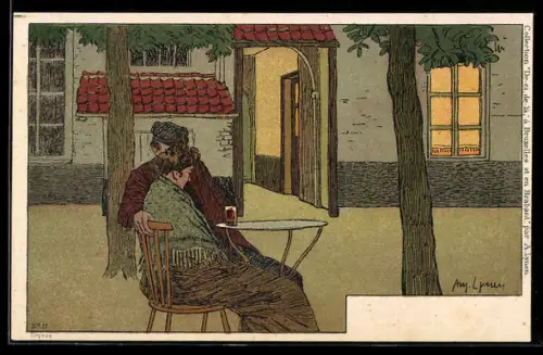 Künstler-AK sign. Amedee Lynen: Paar abends im Hof, Margarine Extre-Fine, Brabantia