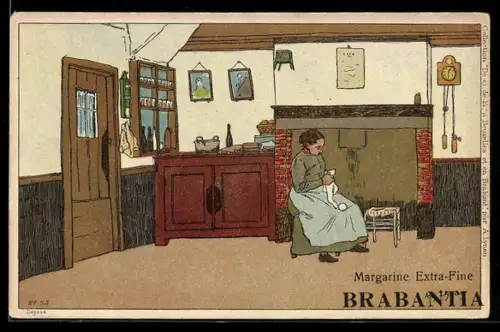 Künstler-AK sign. Lyney: Hausfrau beim Nähen, Werbung für Brabantia-Margarine
