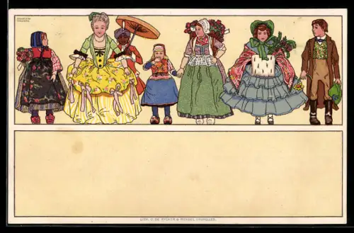 Künstler-AK sign. Madeleine Cassiers: Elegante Dame mit Schirmträger und Paar in Tracht