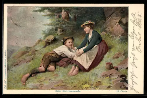 AK Geschwister in bayrischen Trachten machen beim Beerensammeln eine Pause