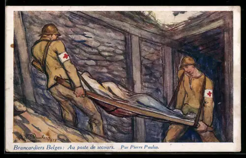 Künstler-AK sign. Pierre Paulus: Brancardiers Belges, Au poste de secours