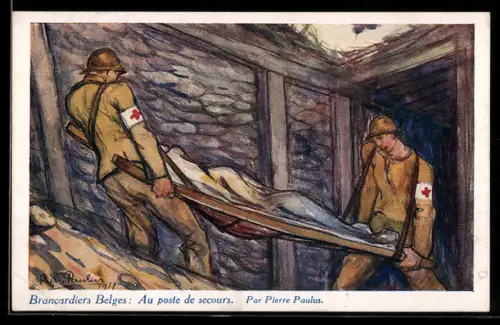 Künstler-AK sign. Pierre Paulus: Brancardiers Belges, Au poste de secours