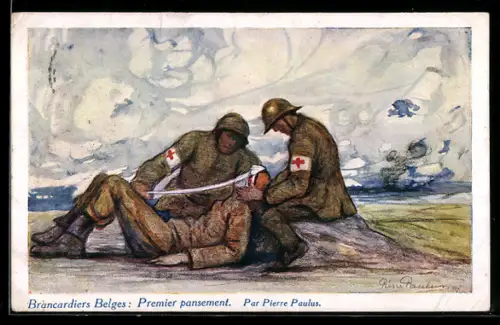 Künstler-AK sign. Pierre Paulus: Brancardiers Belges, Premier pansement